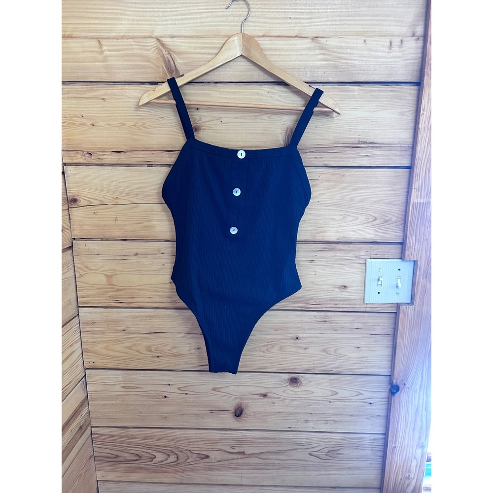 Black Ribbed One Piece Swimsuit‎ Square Neck Pearl Button Front High Cut Cheeky